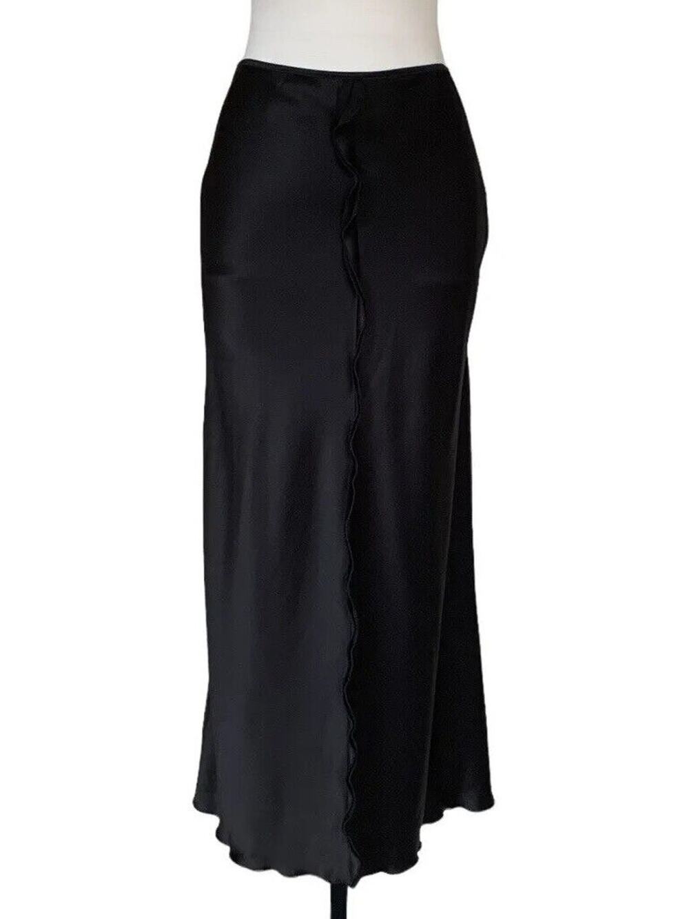 Cachet Vintage 90s Minimalist Maxi Skirt Satin Black Size 8 Ruffle Trim Hi Lo
